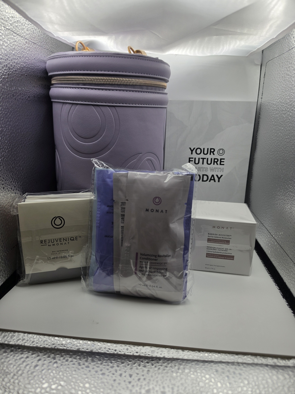 MONAT Lavender Cosmetic Train Case with Hair & Skin Products